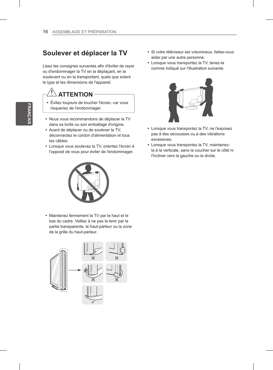 Soulever et déplacer la tv, Attention | LG 47LA6130 User Manual | Page 68 / 252