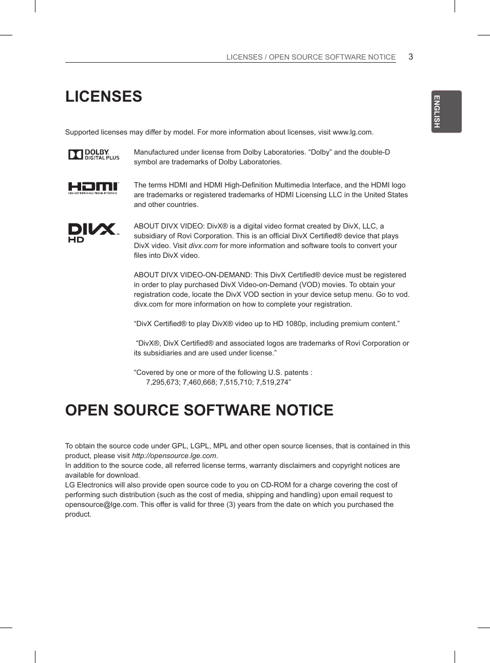 Licenses, Open source software notice | LG 47LA6130 User Manual | Page 7 / 252