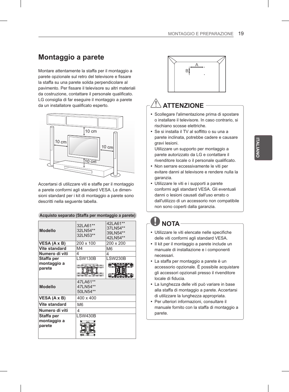 Montaggio a parete, Attenzione, Nota | LG 47LA6130 User Manual | Page 95 / 252