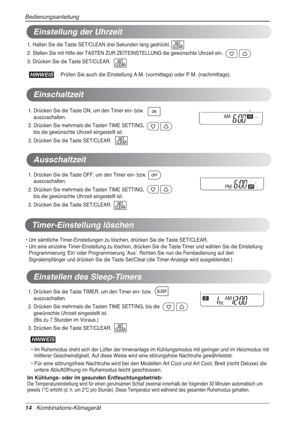 Einstellung der uhrzeit einschaltzeit, Ausschaltzeit, Einstellen des sleep-timers | O q timer-einstellung löschen | LG MA09AH1 User Manual | Page 100 / 167