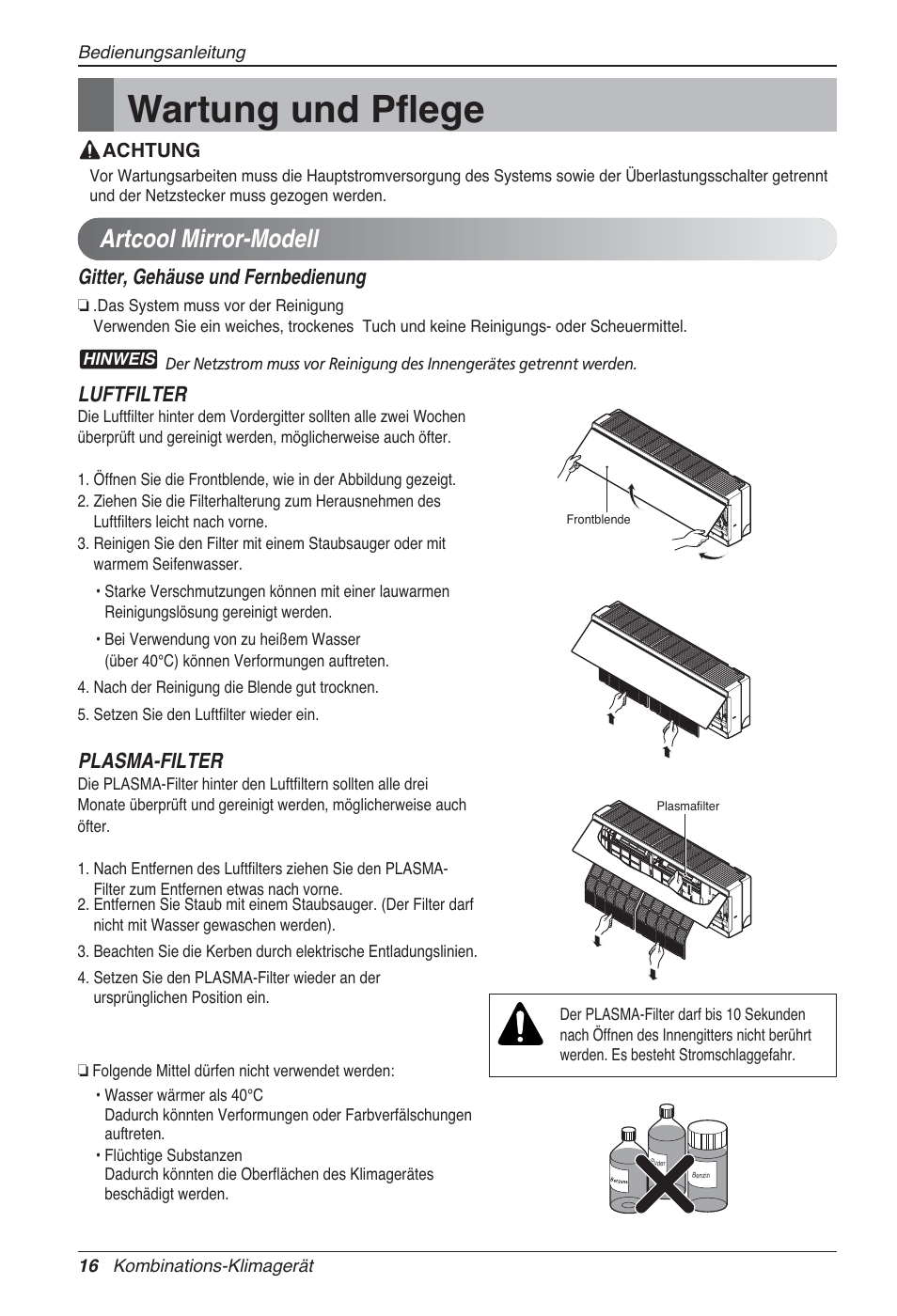 Wartung und pflege, Artcool mirror-modell, Gitter, gehäuse und fernbedienung | Luftfilter, Plasma-filter | LG MA09AH1 User Manual | Page 102 / 167