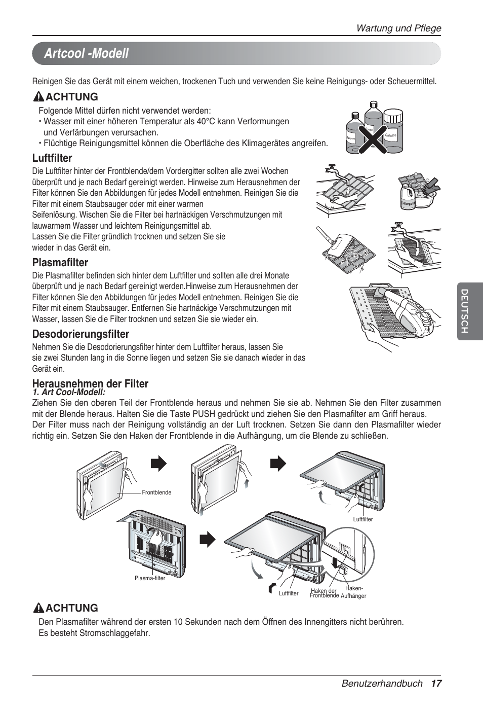 Artcool -modell, Luftfilter, Plasmafilter | Desodorierungsfilter, Herausnehmen der filter, Achtung | LG MA09AH1 User Manual | Page 103 / 167