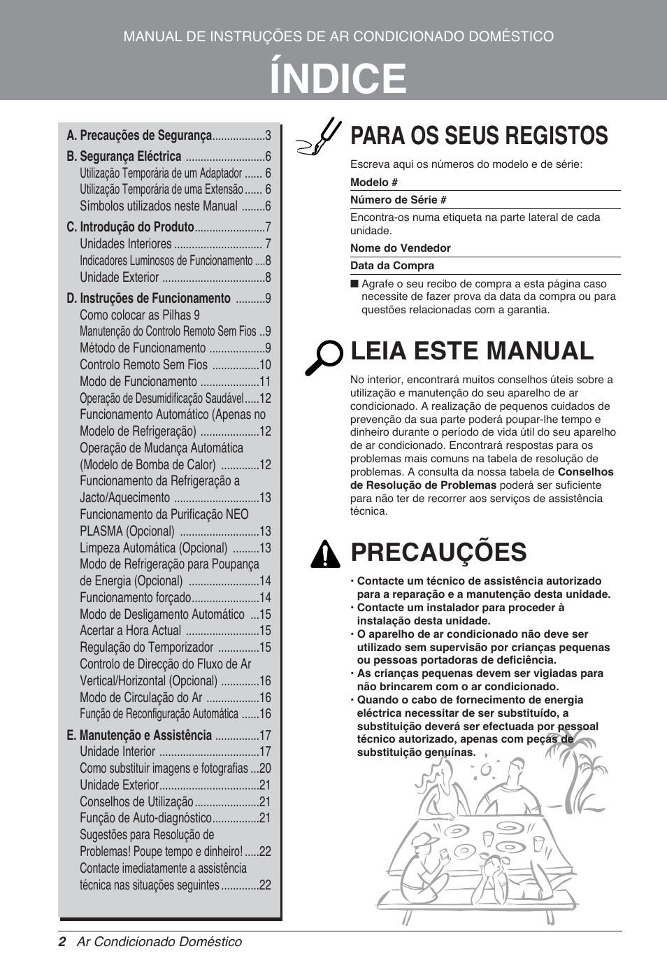 Índice, Para os seus registos, Leia este manual | Precauções | LG MA09AH1 User Manual | Page 128 / 167