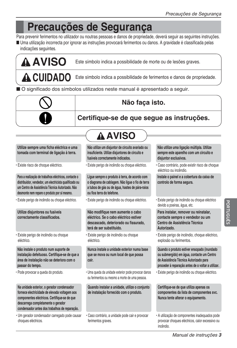 Precauções de segurança, Aviso cuidado, Aviso | LG MA09AH1 User Manual | Page 129 / 167