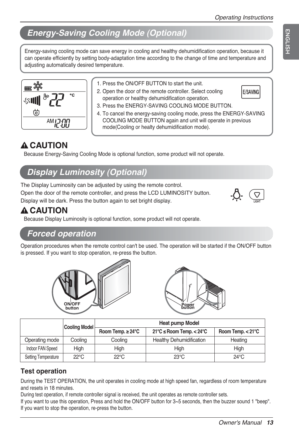 Bp u, Forced operation, Energy-saving cooling mode (optional) | Display luminosity (optional), Test operation | LG MA09AH1 User Manual | Page 13 / 167