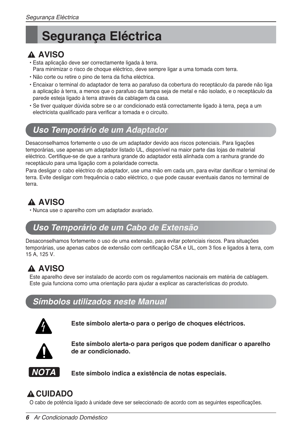 Segurança eléctrica, Nota, Aviso | Símbolos utilizados neste manual, Cuidado | LG MA09AH1 User Manual | Page 132 / 167