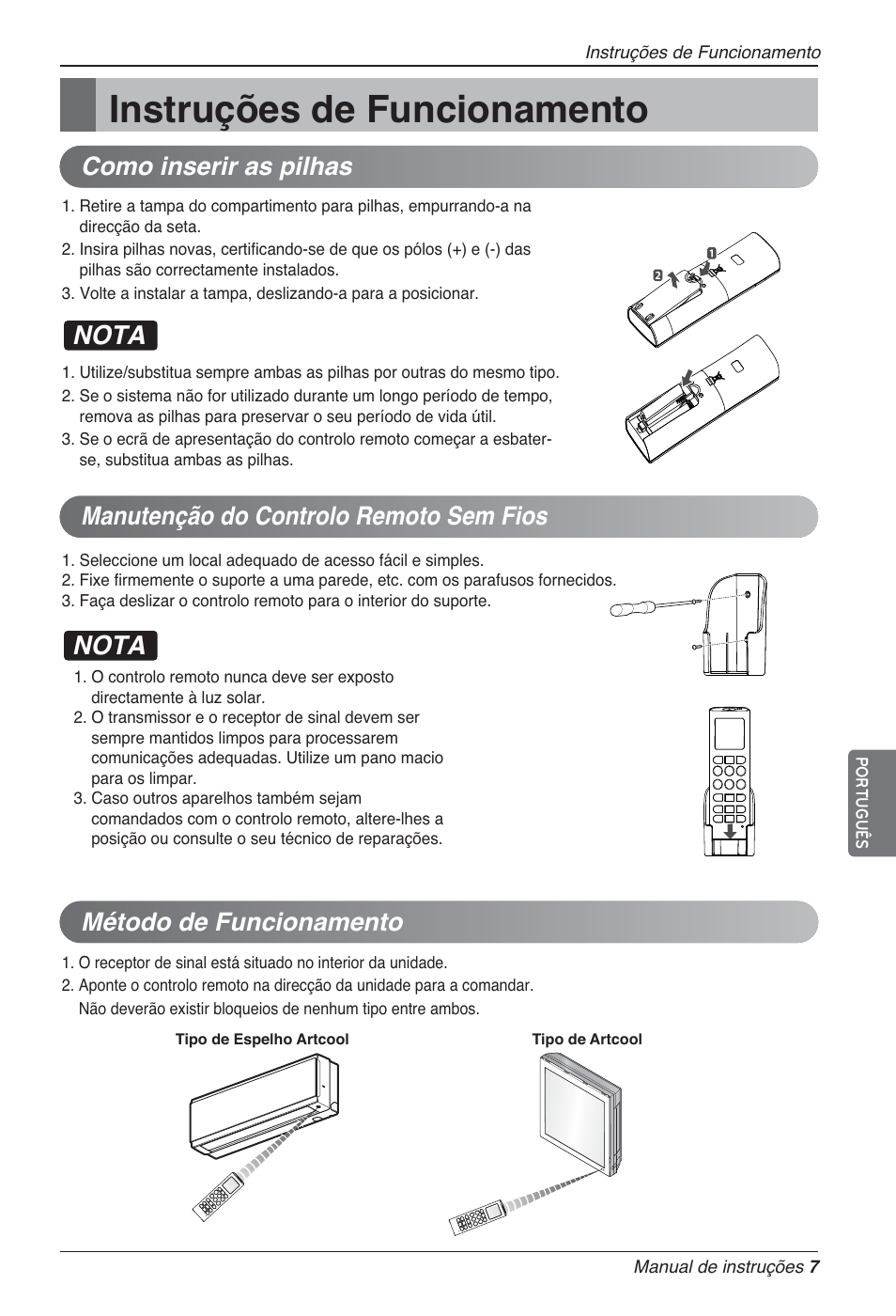 Instruções de funcionamento, Nota, Método de funcionamento | LG MA09AH1 User Manual | Page 133 / 167