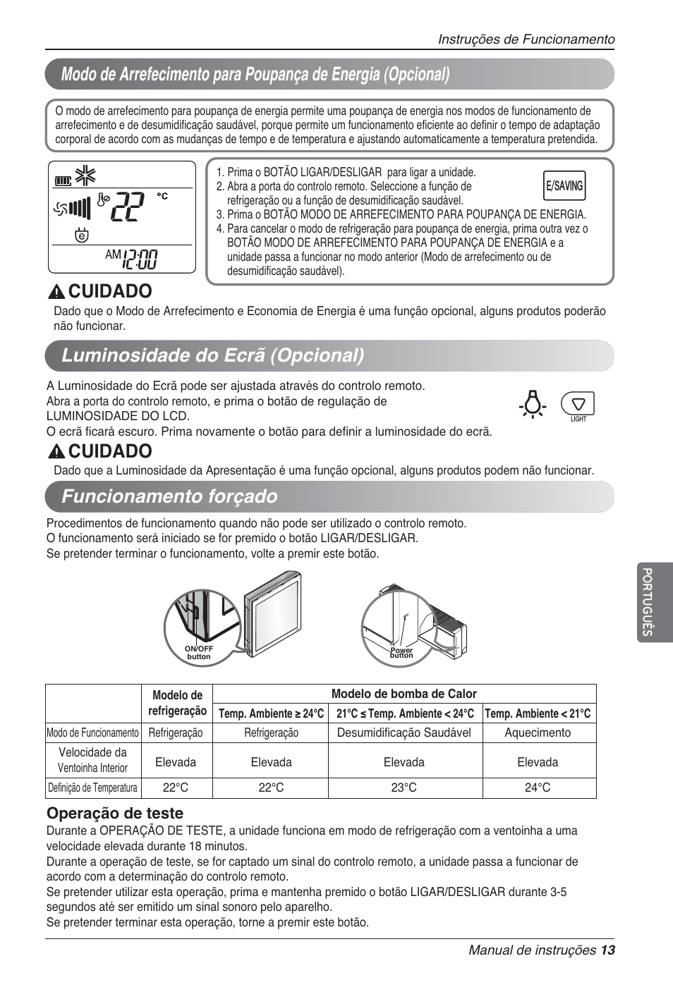 Bp u, Funcionamento forçado, Luminosidade do ecrã (opcional) | Cuidado, Operação de teste | LG MA09AH1 User Manual | Page 139 / 167