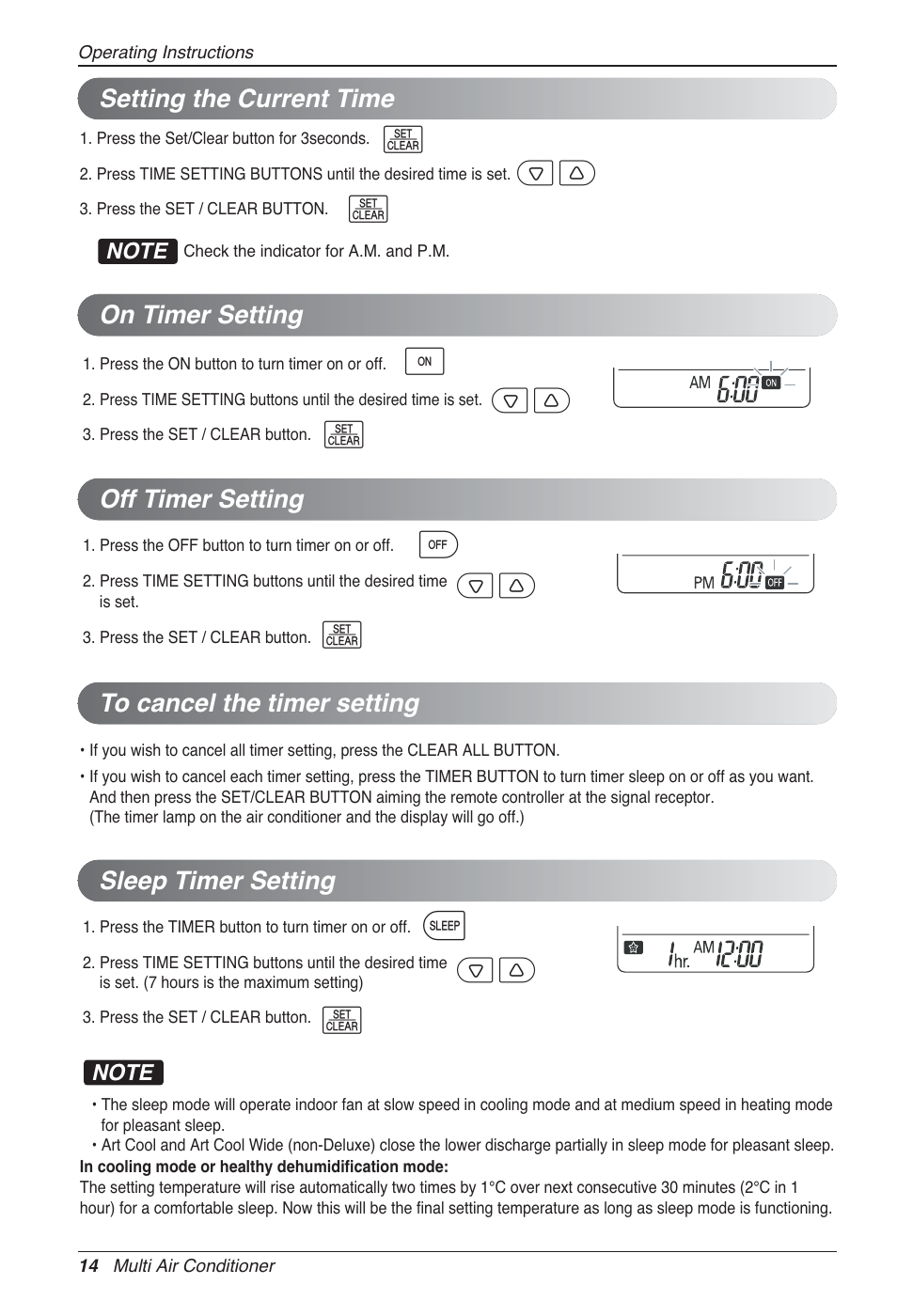 Setting the current time on timer setting, Off timer setting, Sleep timer setting | LG MA09AH1 User Manual | Page 14 / 167