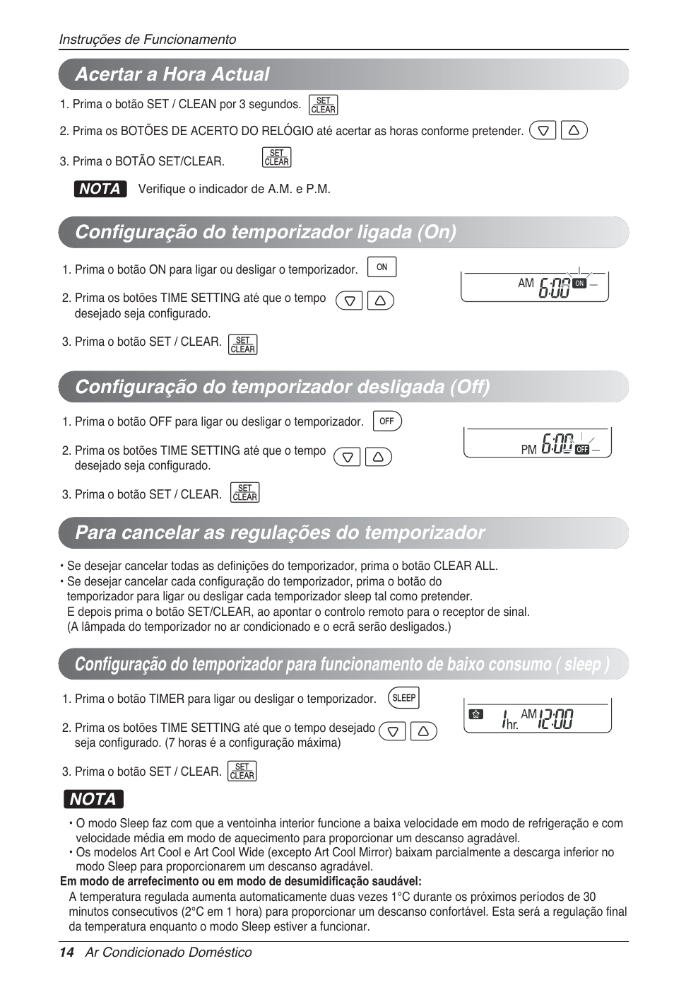 Configuração do temporizador desligada (off), Para cancelar as regulações do temporizador | LG MA09AH1 User Manual | Page 140 / 167