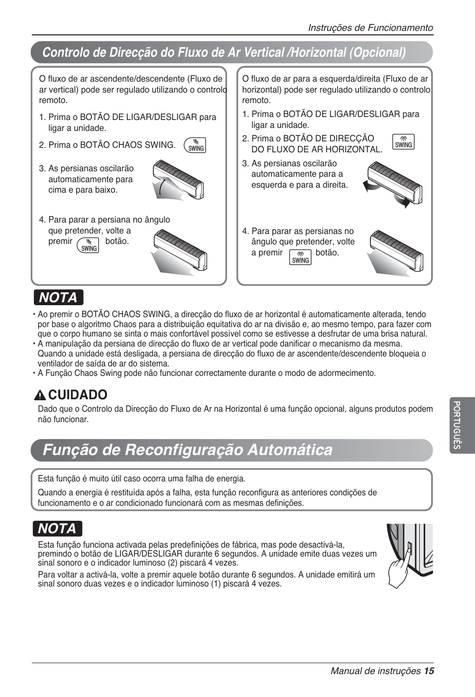 Função de reconfiguração automática, Ij i j, Nota | Cuidado | LG MA09AH1 User Manual | Page 141 / 167