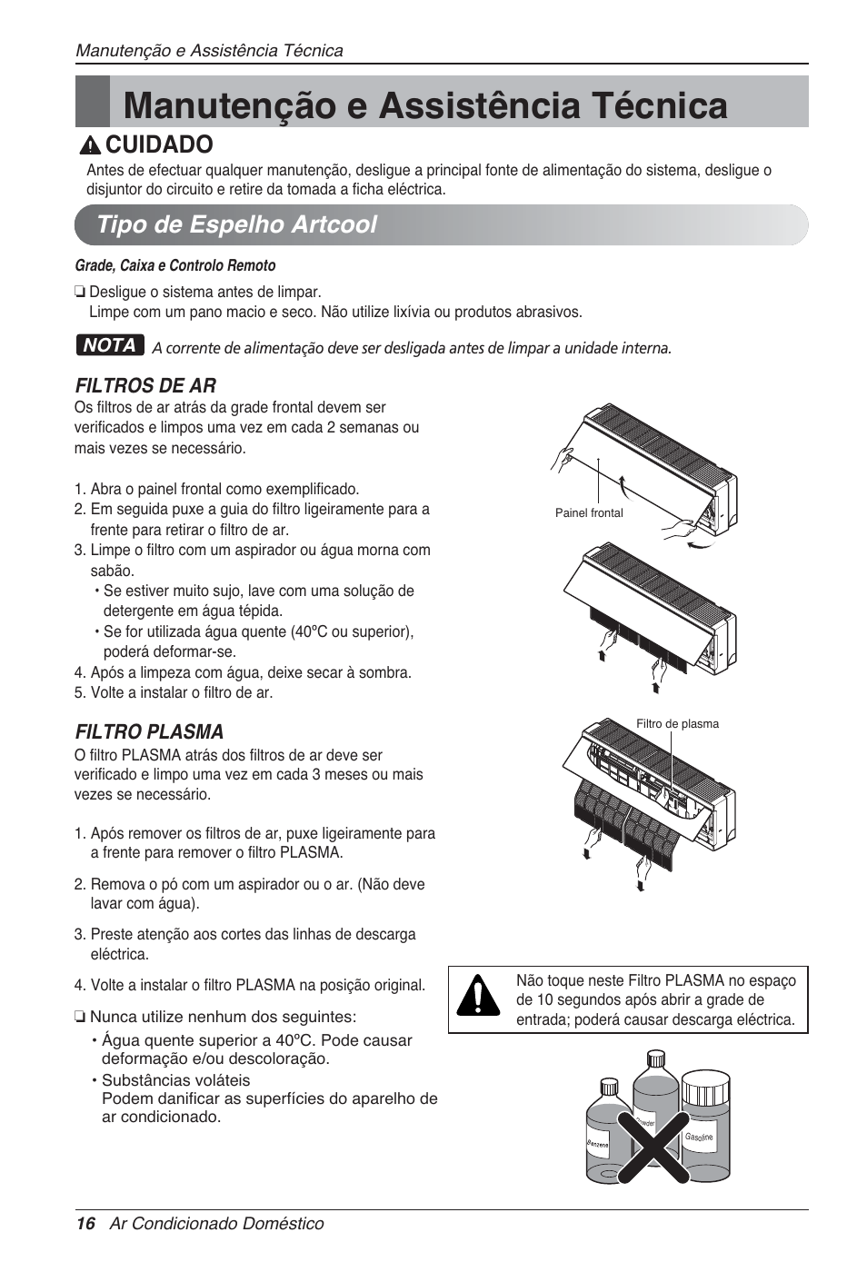 Manutenção e assistência técnica, Cuidado, Tipo de espelho artcool | Filtros de ar, Filtro plasma | LG MA09AH1 User Manual | Page 142 / 167