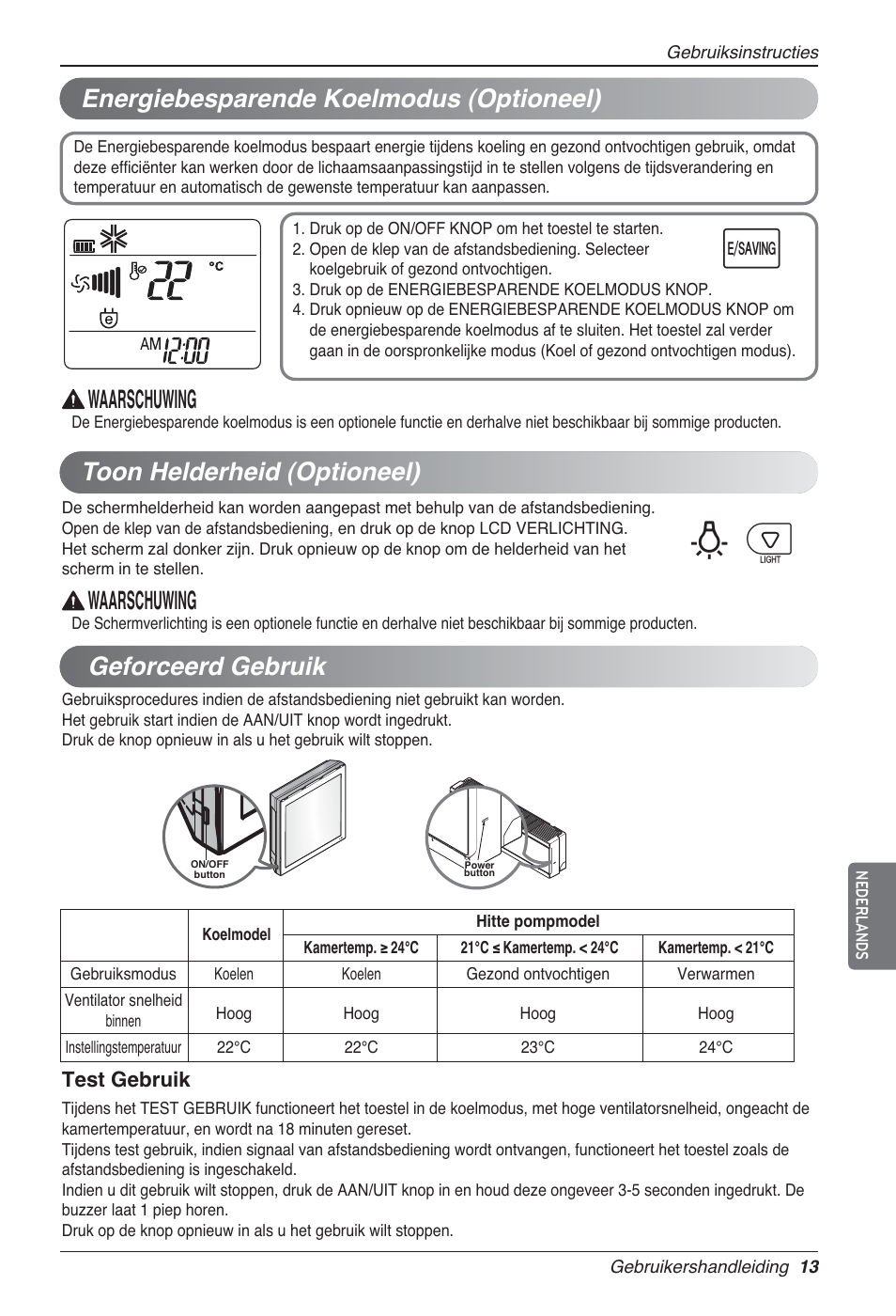 Bp u, Energiebesparende koelmodus (optioneel), Geforceerd gebruik | Toon helderheid (optioneel), Waarschuwing, Test gebruik | LG MA09AH1 User Manual | Page 159 / 167