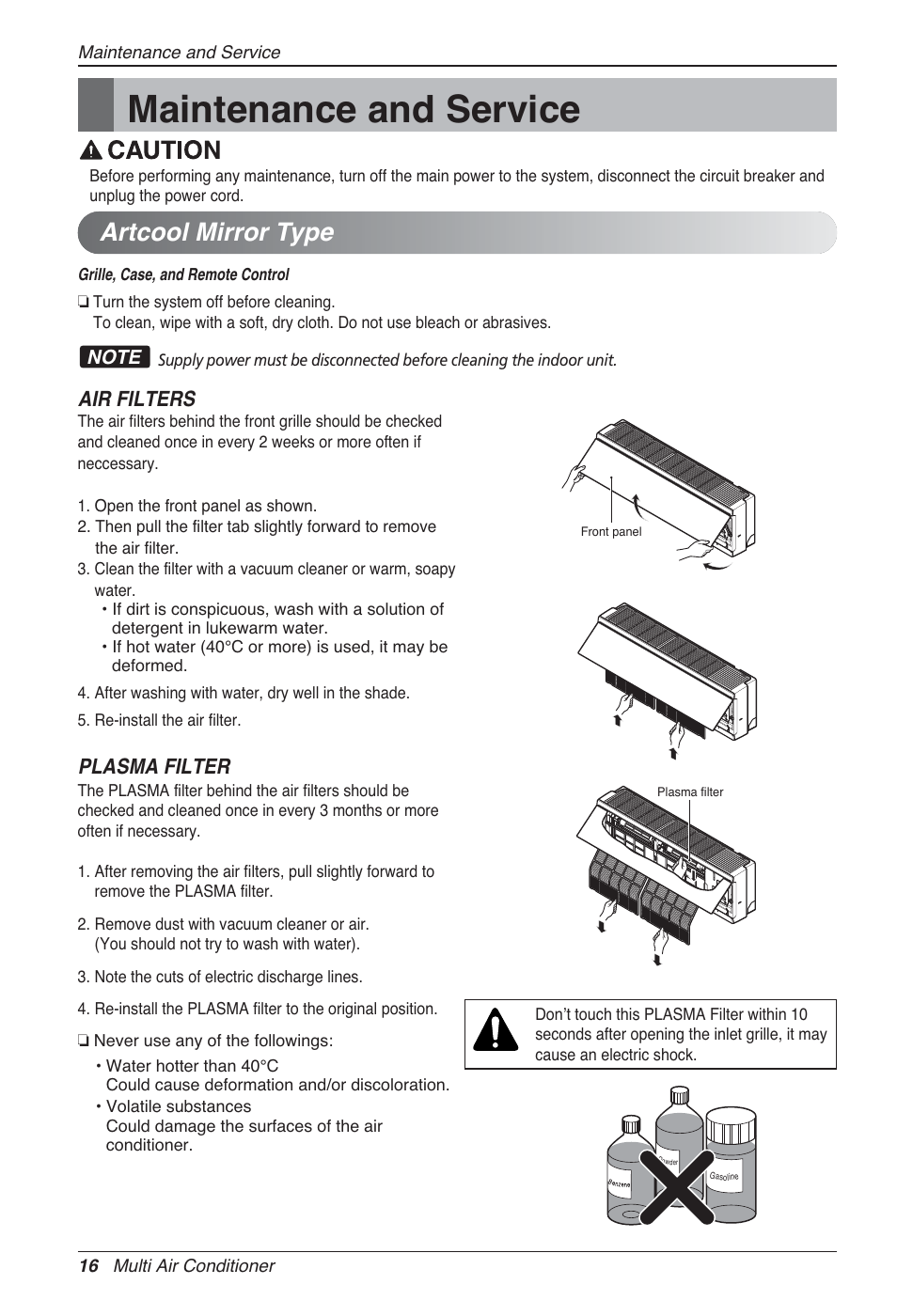 Maintenance and service, Artcool mirror type, Air filters | Plasma filter | LG MA09AH1 User Manual | Page 16 / 167