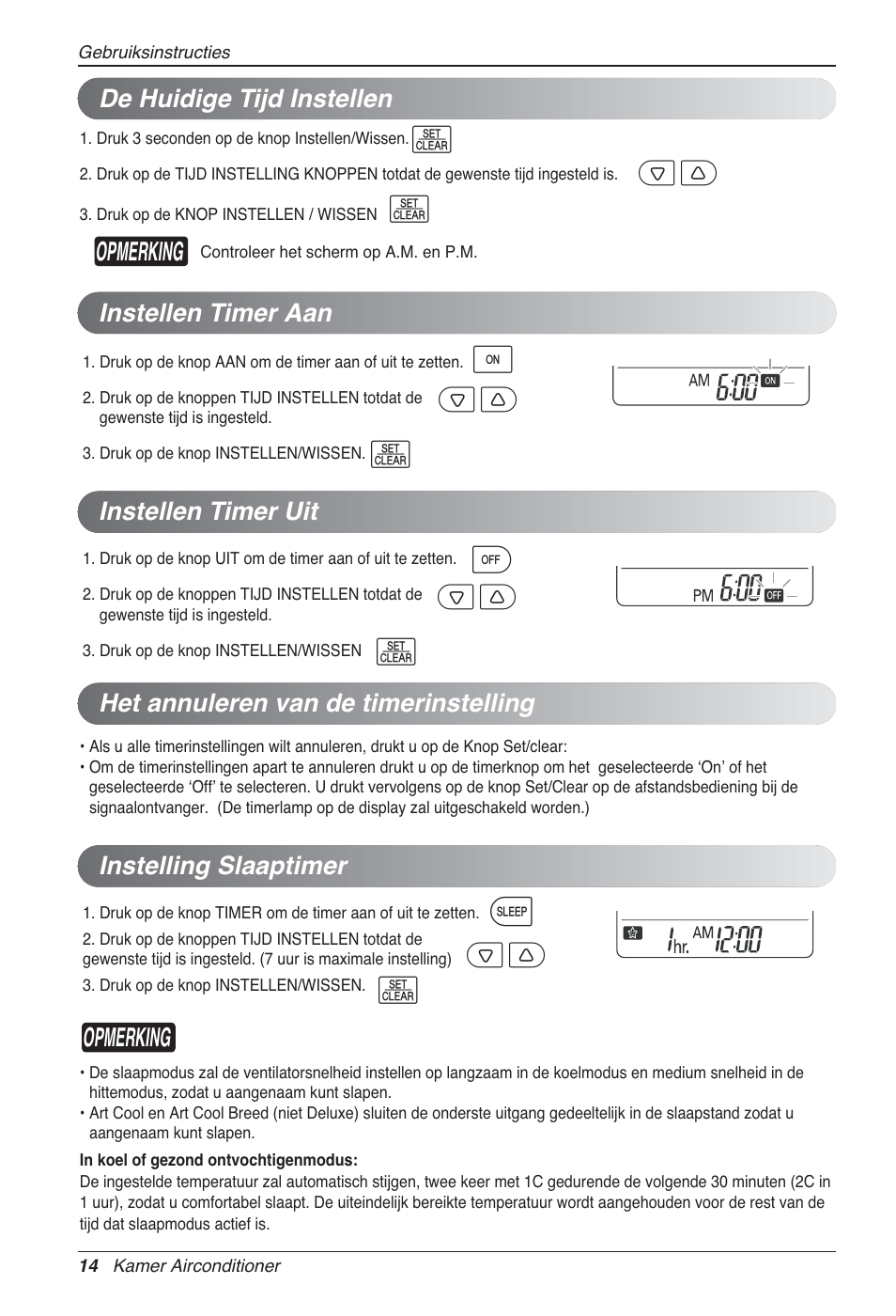 Opmerking, De huidige tijd instellen instellen timer aan, Instellen timer uit | Instelling slaaptimer, Het annuleren van de timerinstelling | LG MA09AH1 User Manual | Page 160 / 167