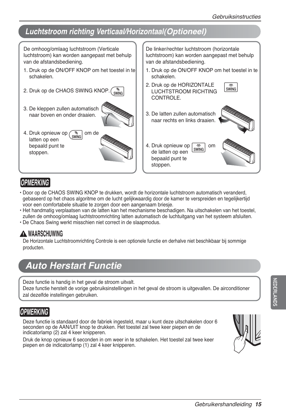 Auto herstart functie, Ij i j, Opmerking | Waarschuwing | LG MA09AH1 User Manual | Page 161 / 167