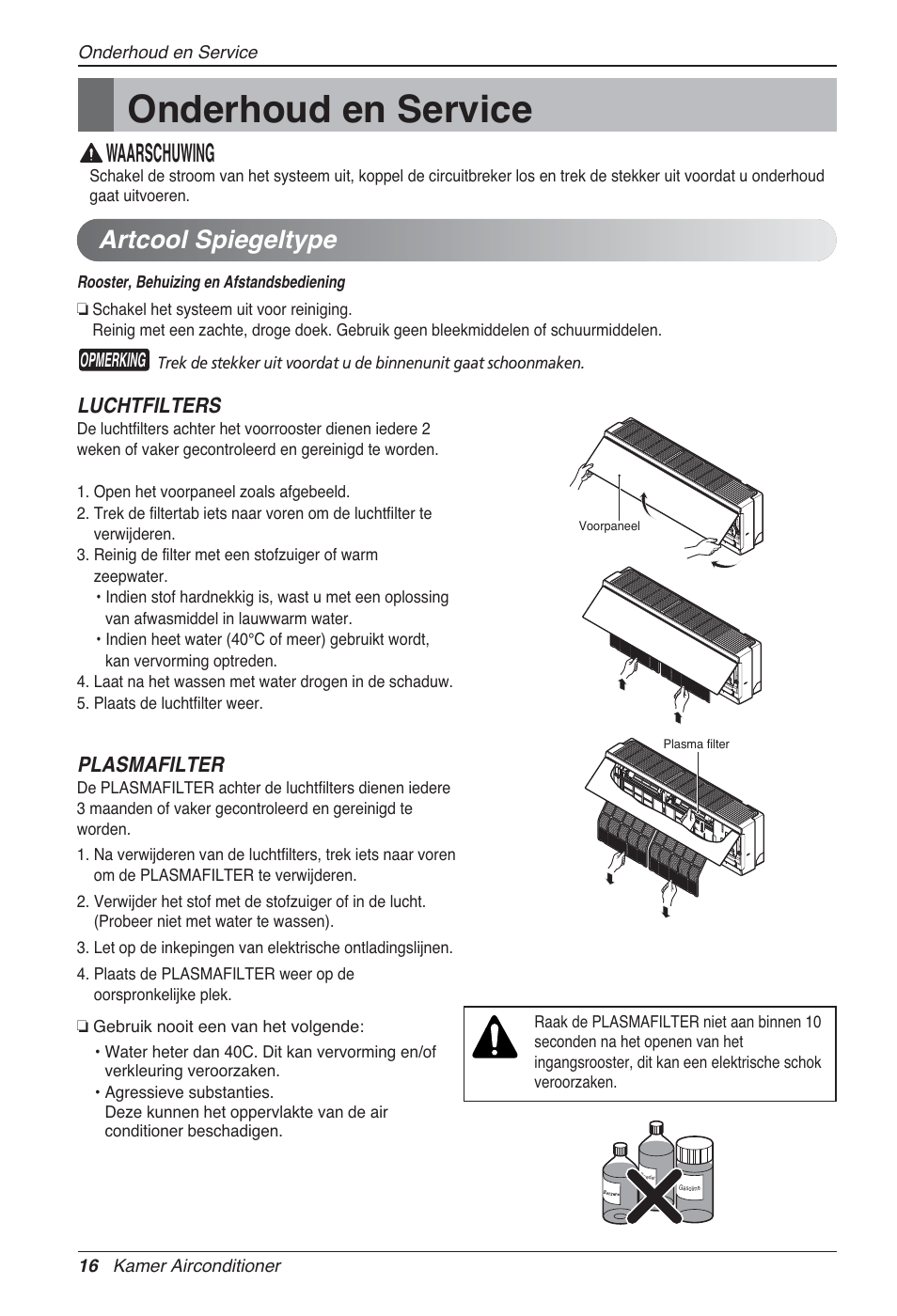 Onderhoud en service, Waarschuwing, Artcool spiegeltype | Luchtfilters, Plasmafilter | LG MA09AH1 User Manual | Page 162 / 167