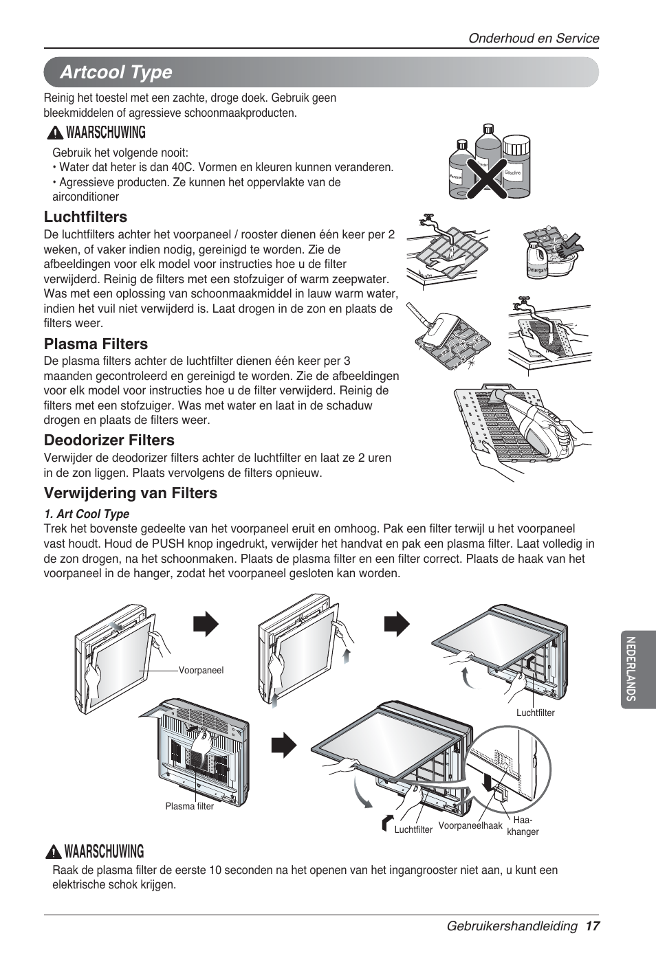 Waarschuwing, Artcool type, Luchtfilters | Plasma filters, Deodorizer filters, Verwijdering van filters | LG MA09AH1 User Manual | Page 163 / 167