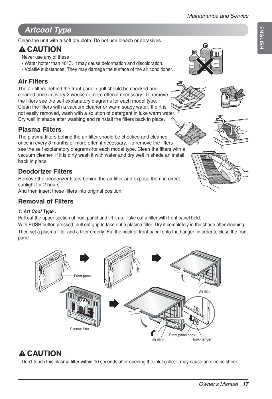 Artcool type, Air filters, Plasma filters | Deodorizer filters, Removal of filters | LG MA09AH1 User Manual | Page 17 / 167