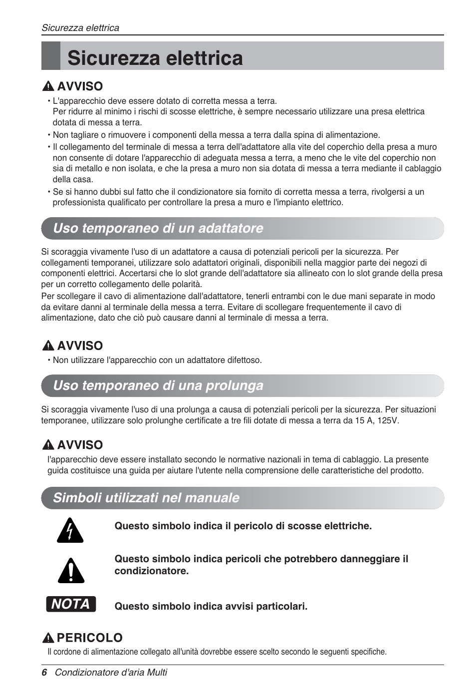Sicurezza elettrica, Nota, Simboli utilizzati nel manuale | LG MA09AH1 User Manual | Page 26 / 167