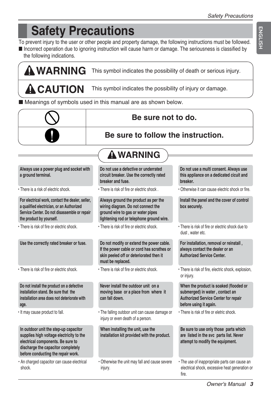 Safety precautions, Warning caution, Warning | English | LG MA09AH1 User Manual | Page 3 / 167