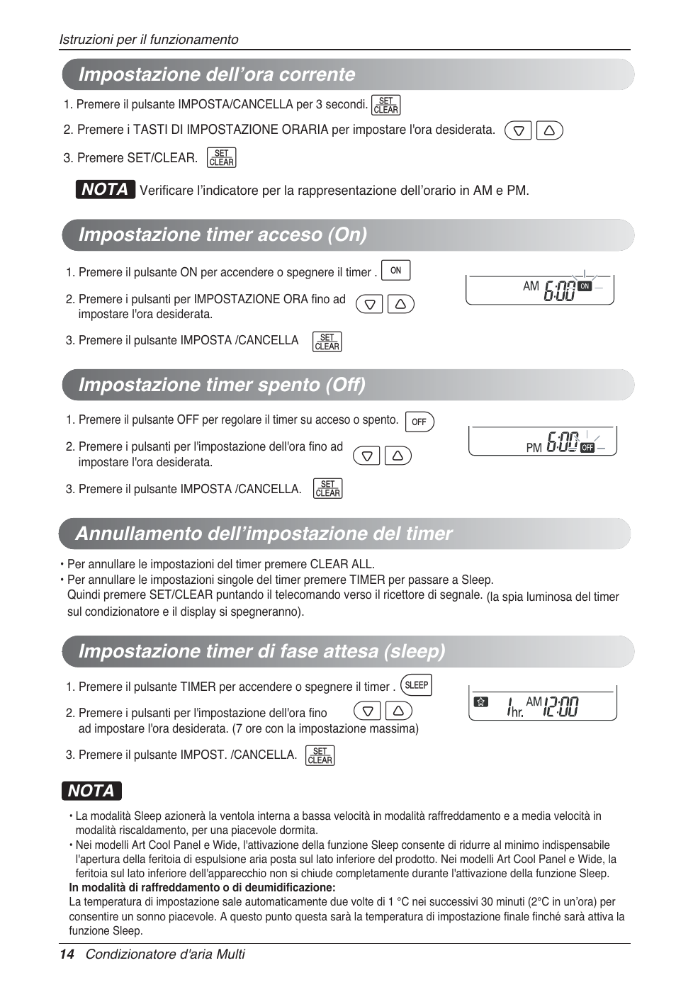 Impostazione timer spento (off), Impostazione timer di fase attesa (sleep), Annullamento dellʼimpostazione del timer | LG MA09AH1 User Manual | Page 34 / 167