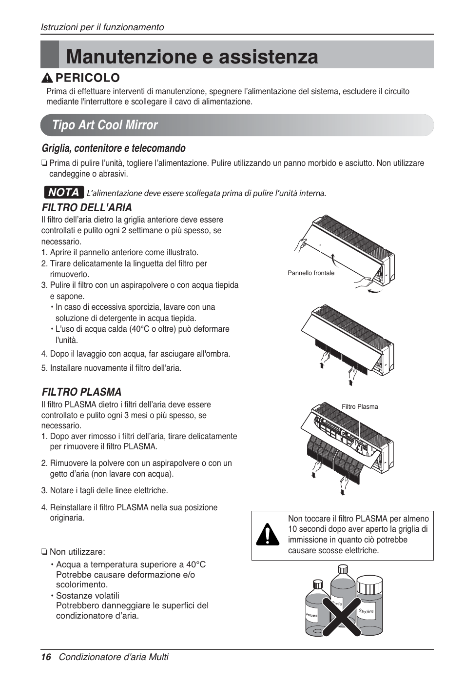 Manutenzione e assistenza, Tipo art cool mirror, Griglia, contenitore e telecomando | Nota, Filtro dell'aria, Filtro plasma | LG MA09AH1 User Manual | Page 36 / 167