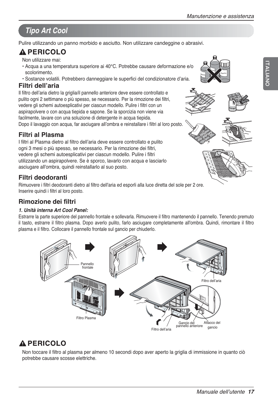 Tipo art cool, Filtri dellʼaria, Filtri al plasma | Filtri deodoranti, Rimozione dei filtri | LG MA09AH1 User Manual | Page 37 / 167