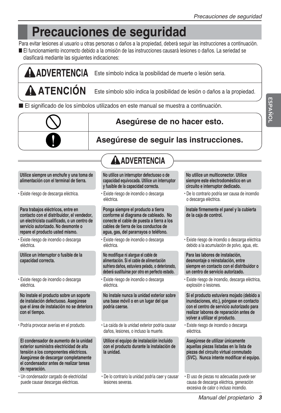 Precauciones de seguridad | LG MA09AH1 User Manual | Page 43 / 167