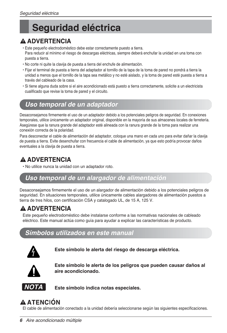 Seguridad eléctrica, Nota, Símbolos utilizados en este manual | LG MA09AH1 User Manual | Page 46 / 167