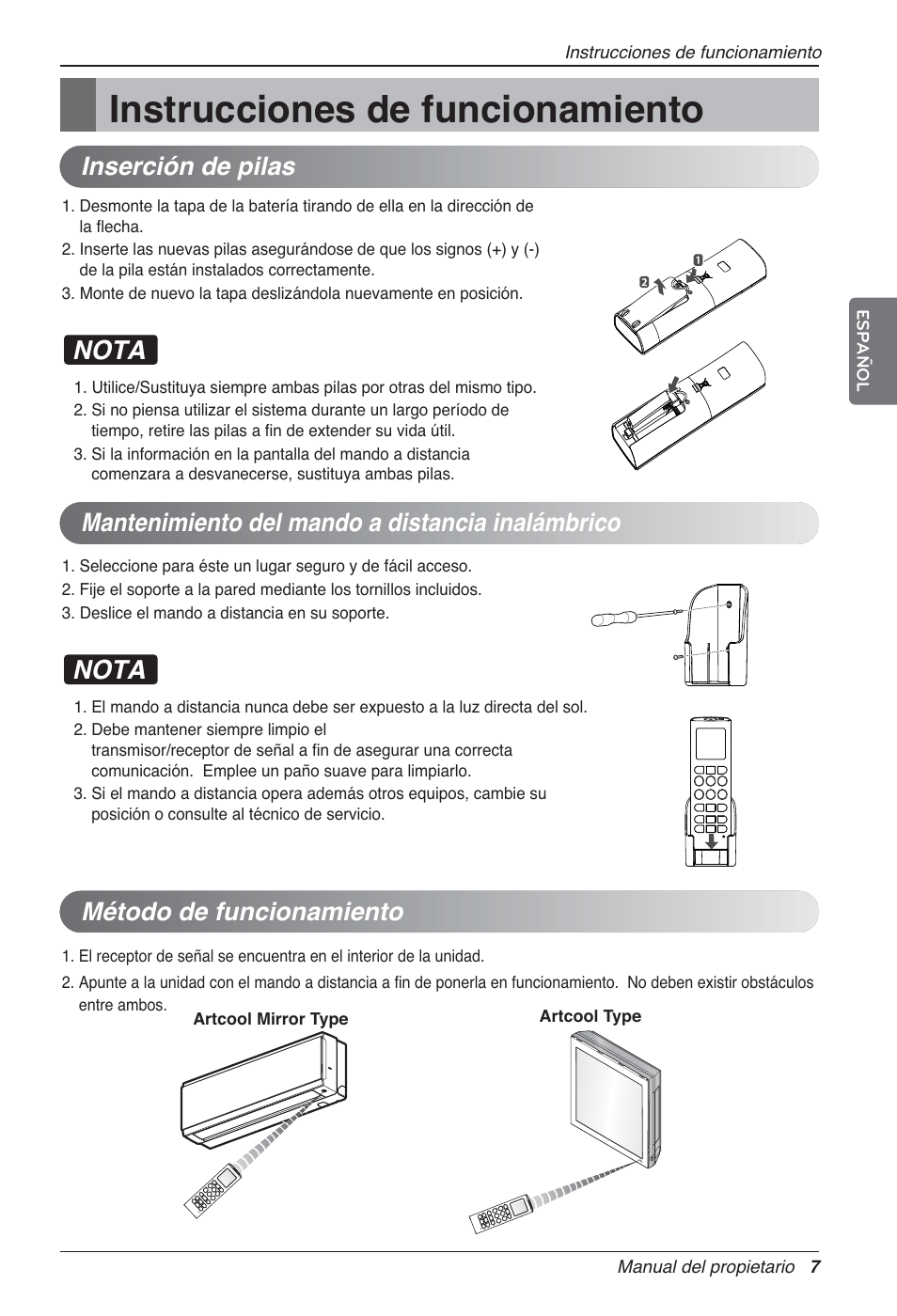 Instrucciones de funcionamiento, Nota, Método de funcionamiento | LG MA09AH1 User Manual | Page 47 / 167