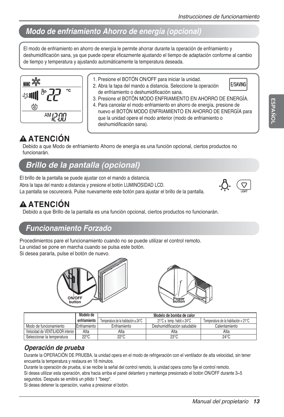 Bp u, Brillo de la pantalla (opcional), Operación de prueba | LG MA09AH1 User Manual | Page 53 / 167