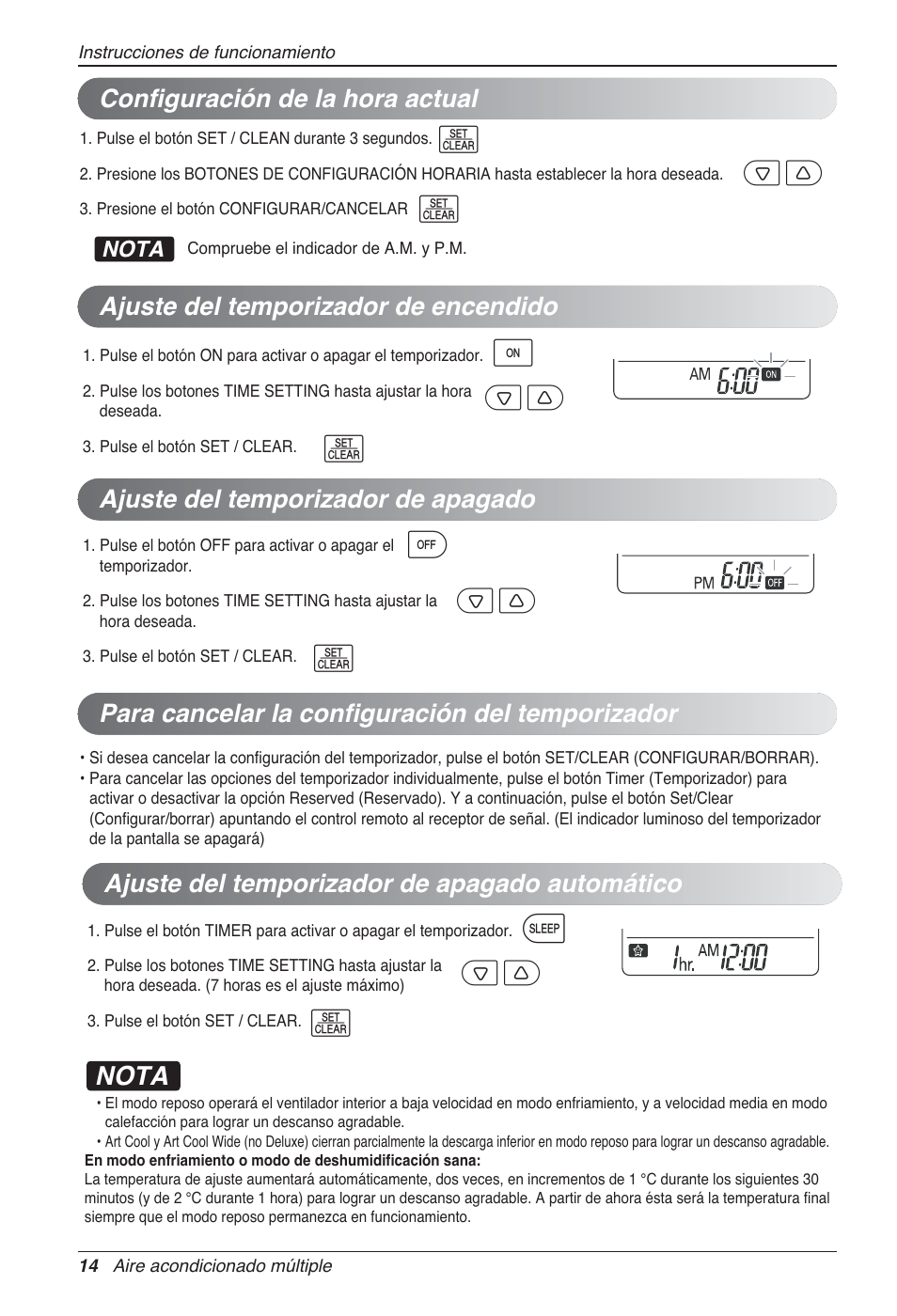 Nota, Ajuste del temporizador de apagado, Ajuste del temporizador de apagado automático | Para cancelar la configuración del temporizador | LG MA09AH1 User Manual | Page 54 / 167