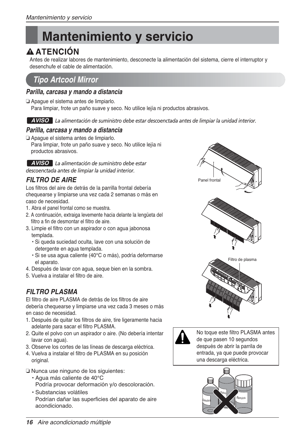 Mantenimiento y servicio, Tipo artcool mirror, Parilla, carcasa y mando a distancia | Filtro de aire, Filtro plasma | LG MA09AH1 User Manual | Page 56 / 167