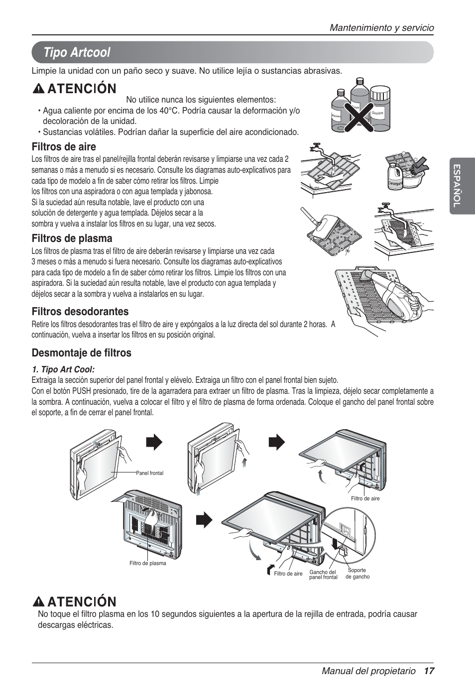 Tipo artcool, Filtros de aire, Filtros de plasma | Filtros desodorantes, Desmontaje de filtros | LG MA09AH1 User Manual | Page 57 / 167