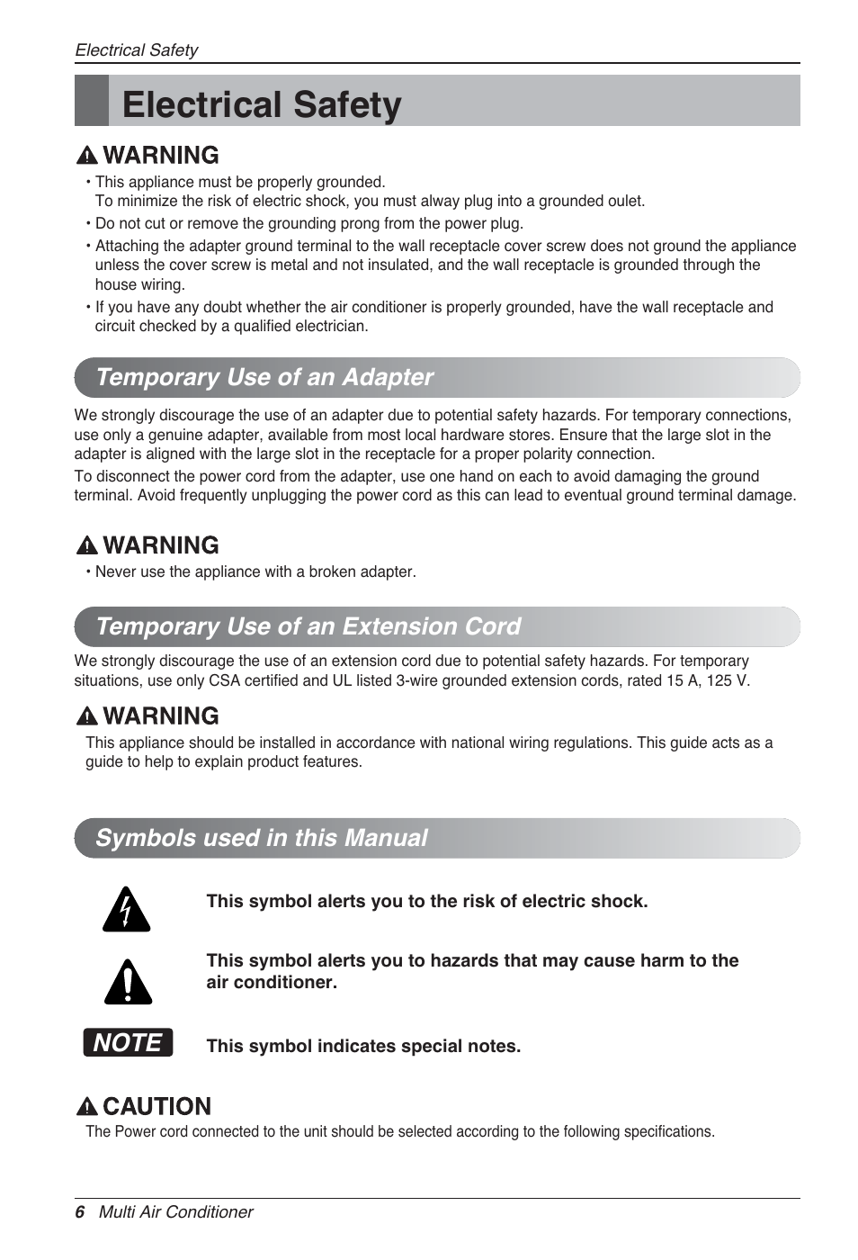 Electrical safety, Symbols used in this manual | LG MA09AH1 User Manual | Page 6 / 167