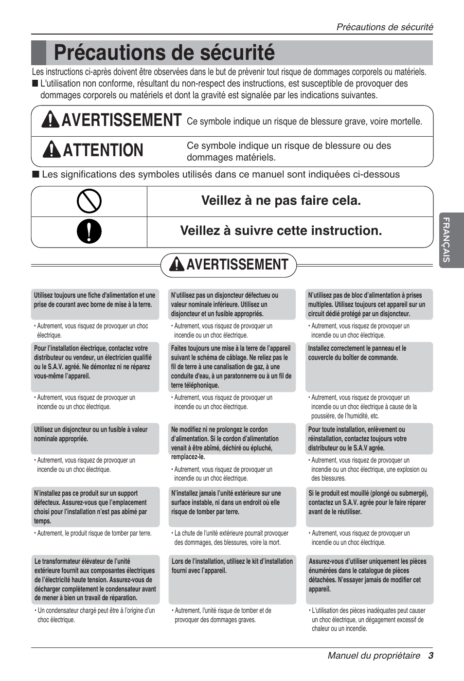 Précautions de sécurité, Avertissement attention, Avertissement | LG MA09AH1 User Manual | Page 69 / 167