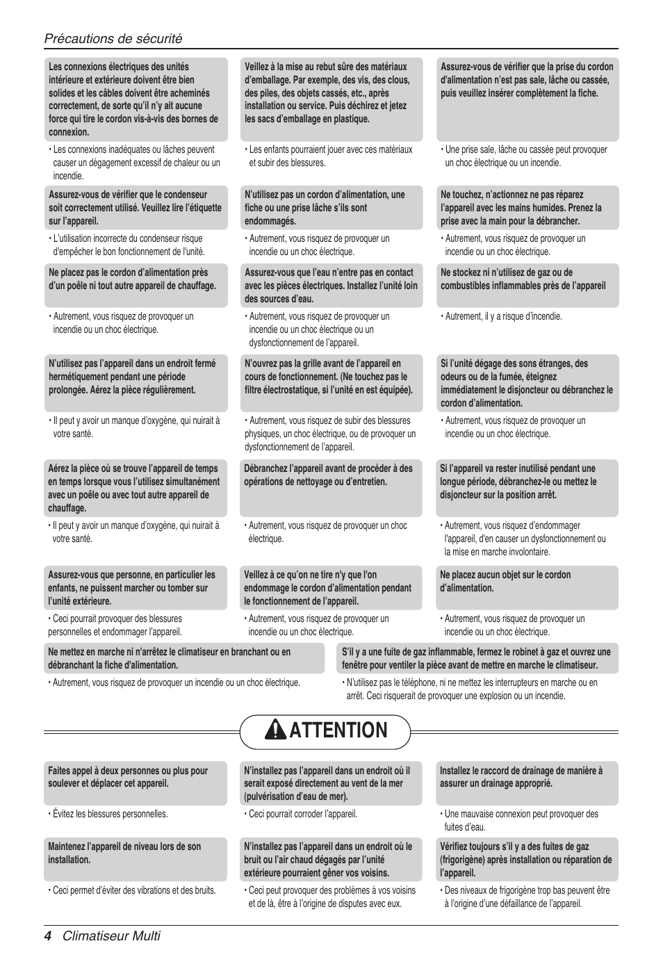 Attention, 4 climatiseur multi précautions de sécurité | LG MA09AH1 User Manual | Page 70 / 167