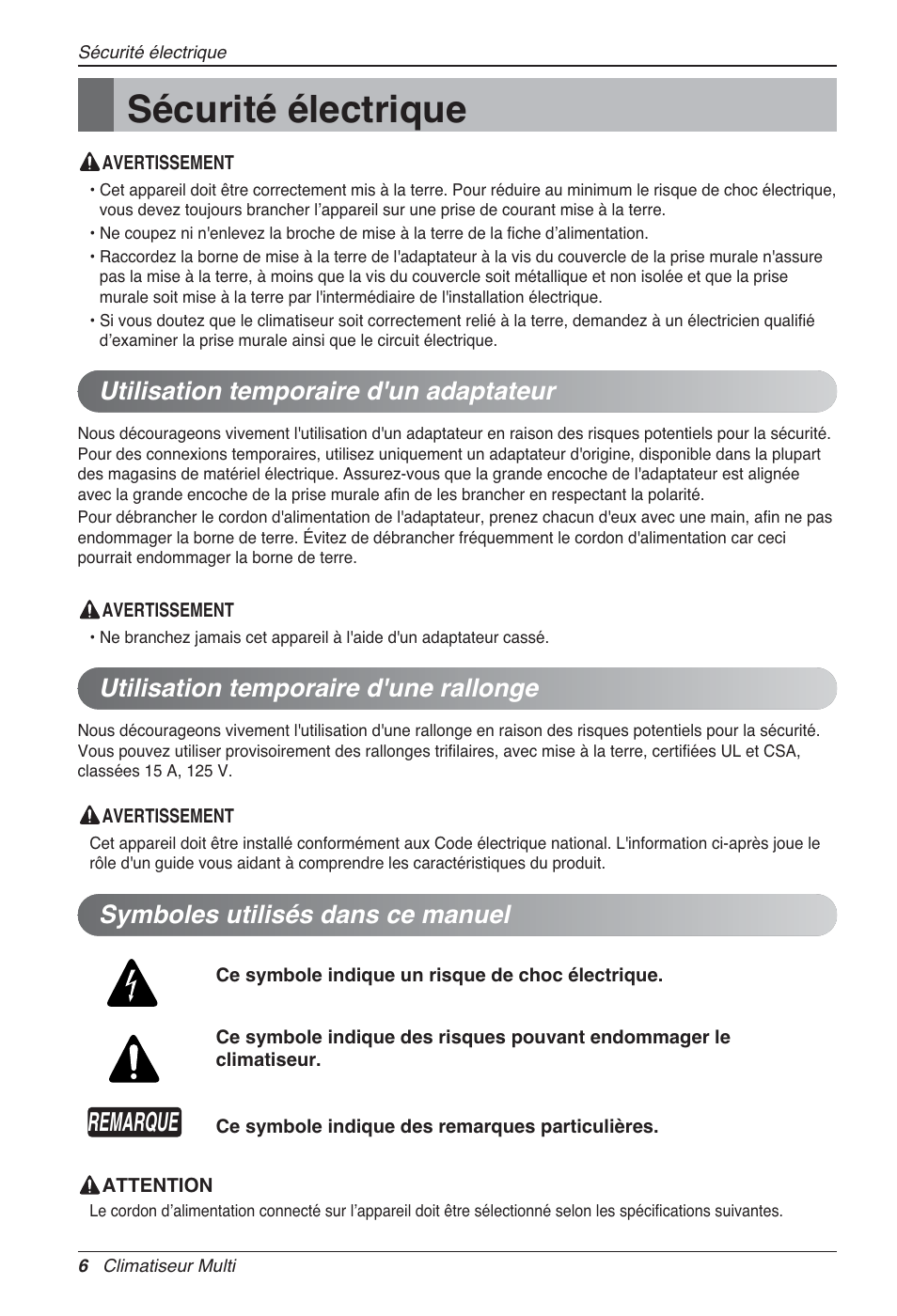 Sécurité électrique, Remarque, Symboles utilisés dans ce manuel | LG MA09AH1 User Manual | Page 72 / 167