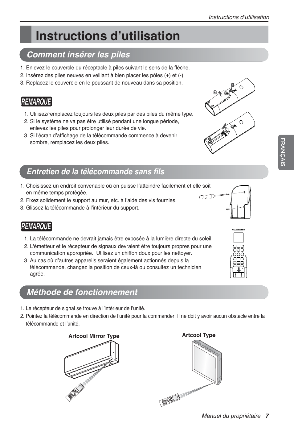 Instructions dʼutilisation, Remarque, Méthode de fonctionnement | LG MA09AH1 User Manual | Page 73 / 167