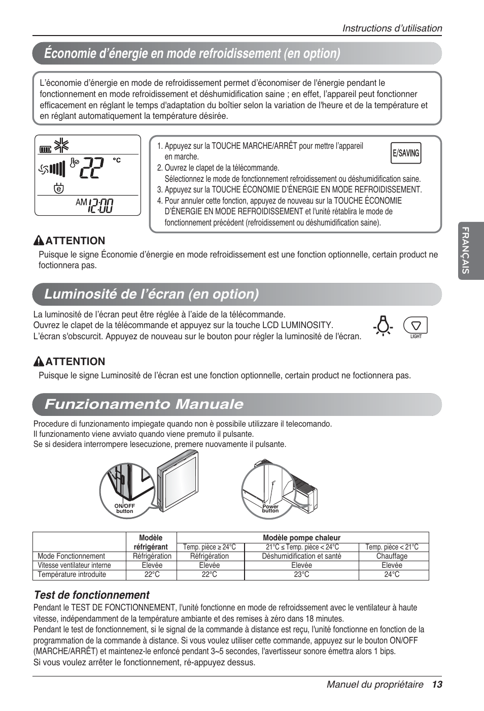 Bp u, Luminosité de lʼécran (en option), Test de fonctionnement | LG MA09AH1 User Manual | Page 79 / 167