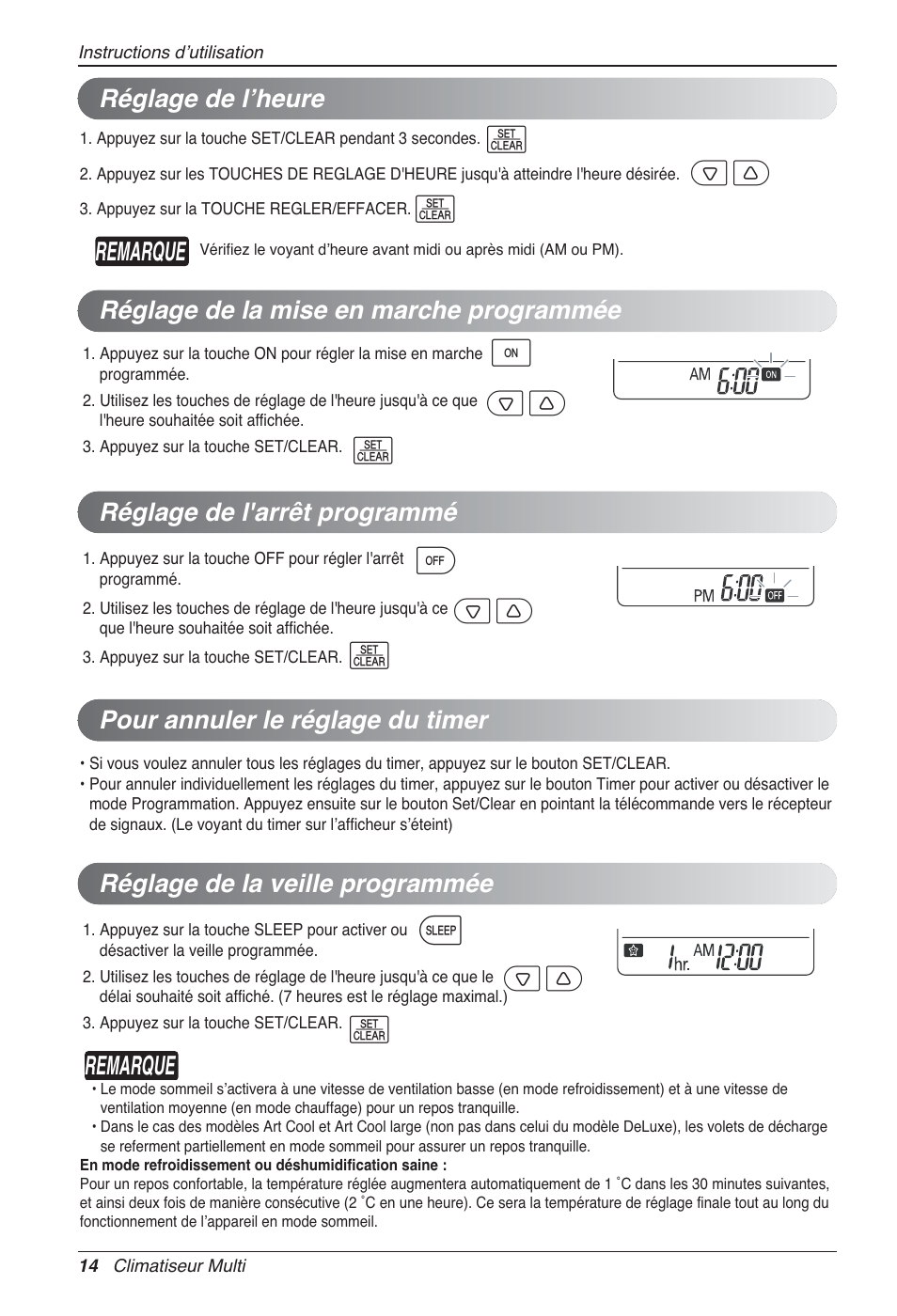 Remarque, Réglage de l'arrêt programmé, Réglage de la veille programmée | O q pour annuler le réglage du timer | LG MA09AH1 User Manual | Page 80 / 167