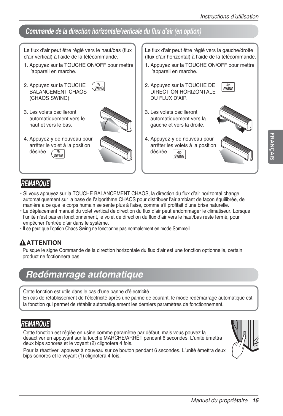 Redémarrage automatique, Ij i j, Remarque | LG MA09AH1 User Manual | Page 81 / 167