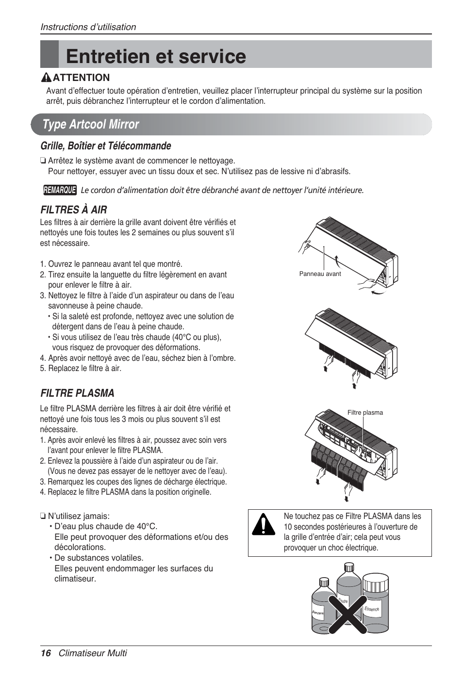 Entretien et service, Type artcool mirror, Filtres à air | Filtre plasma, Grille, boîtier et télécommande | LG MA09AH1 User Manual | Page 82 / 167