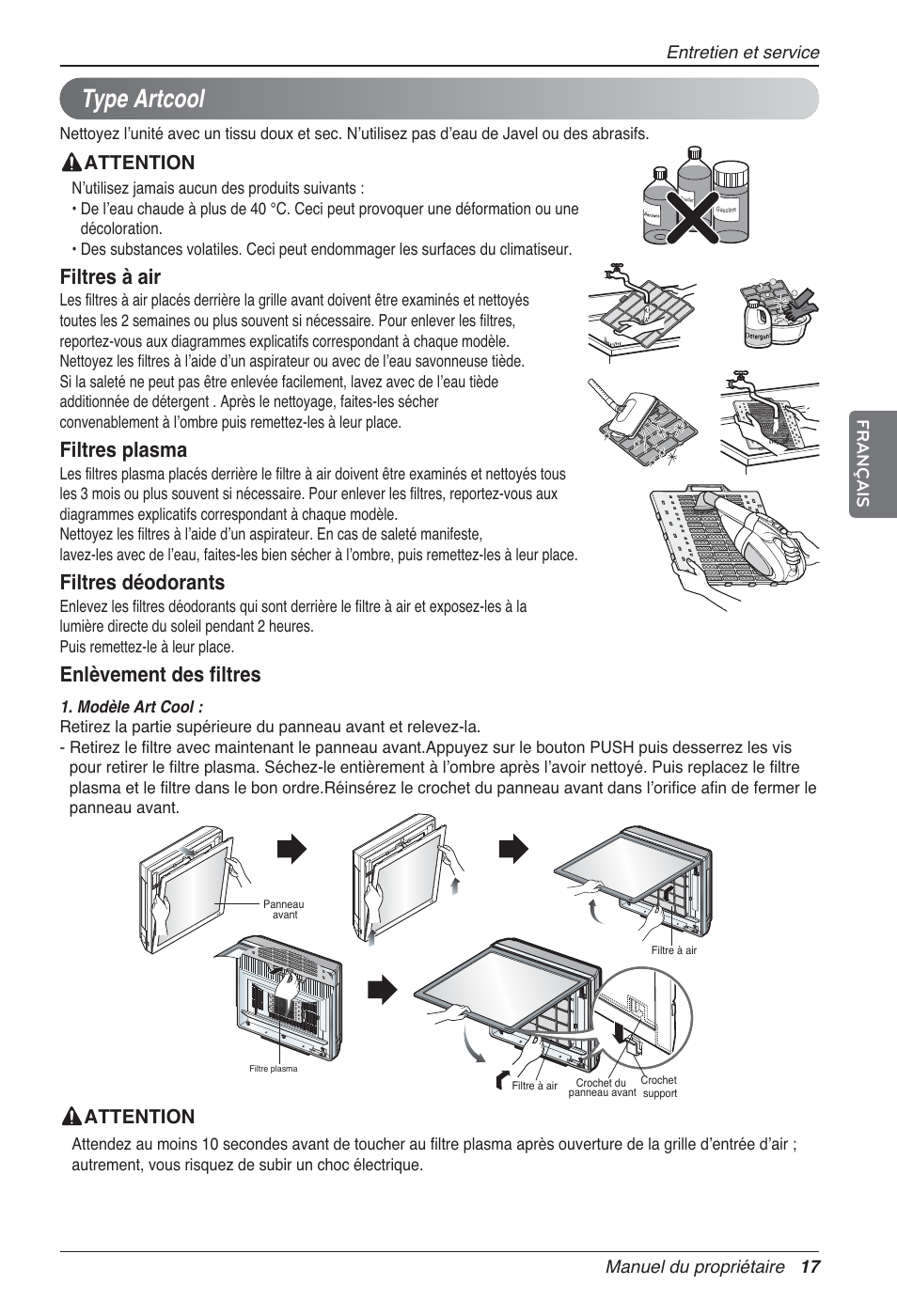 Type artcool, Filtres à air, Filtres plasma | Filtres déodorants, Enlèvement des filtres, Attention | LG MA09AH1 User Manual | Page 83 / 167