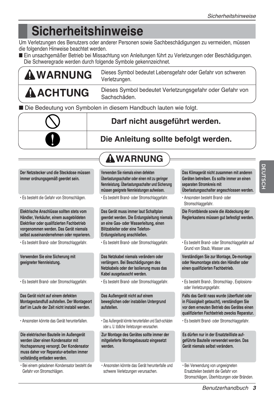 Sicherheitshinweise, Warnung achtung, Warnung | LG MA09AH1 User Manual | Page 89 / 167