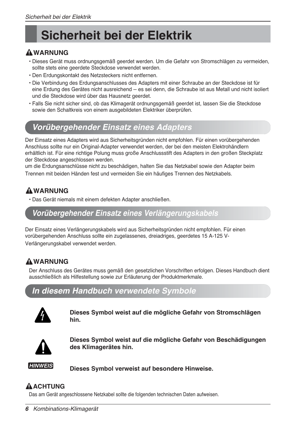 Sicherheit bei der elektrik | LG MA09AH1 User Manual | Page 92 / 167