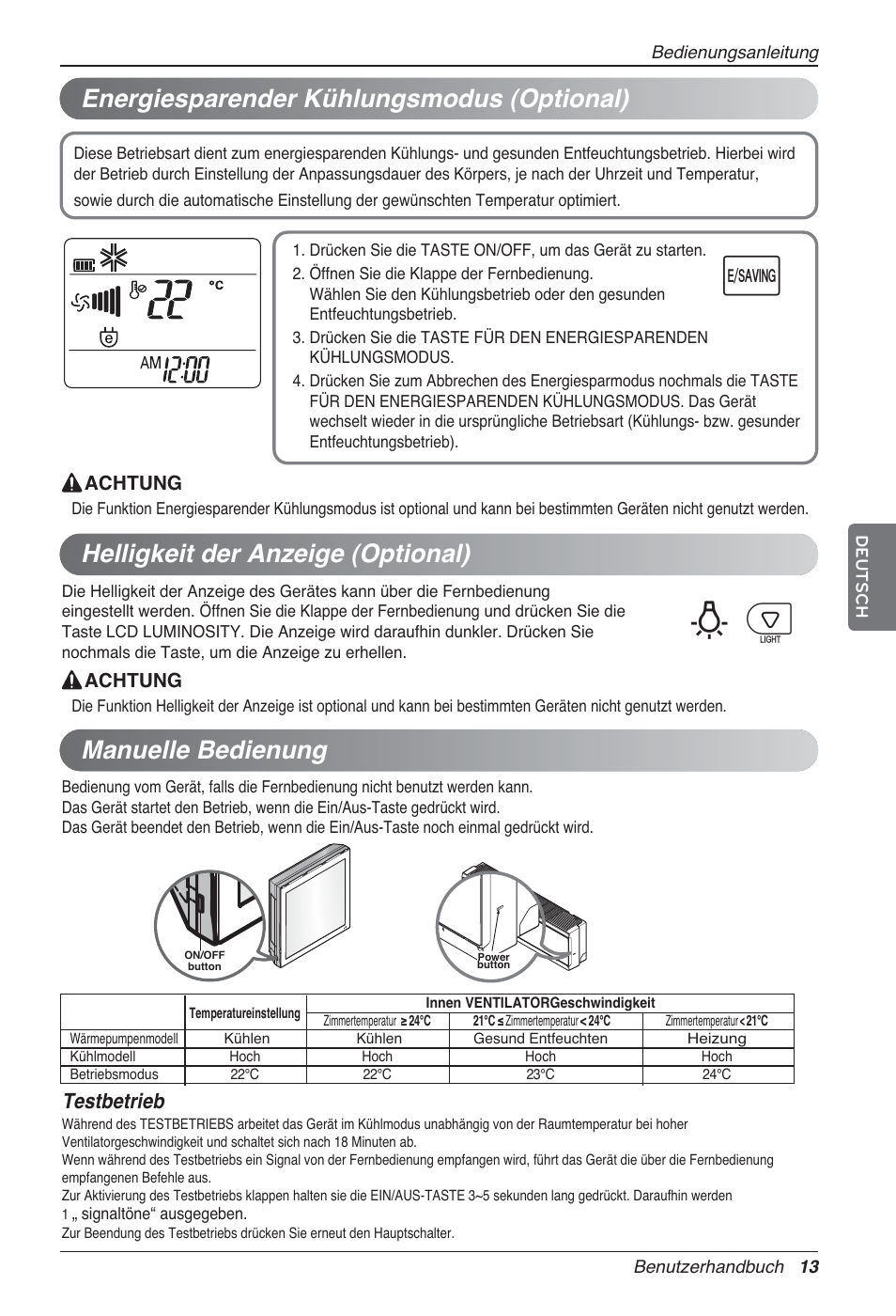 Bp u, Helligkeit der anzeige (optional), Testbetrieb | LG MA09AH1 User Manual | Page 99 / 167