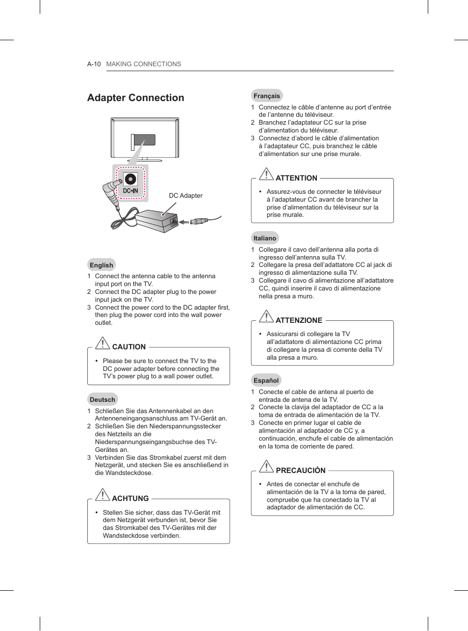 Adapter connection | LG 42LN5200 User Manual | Page 10 / 208