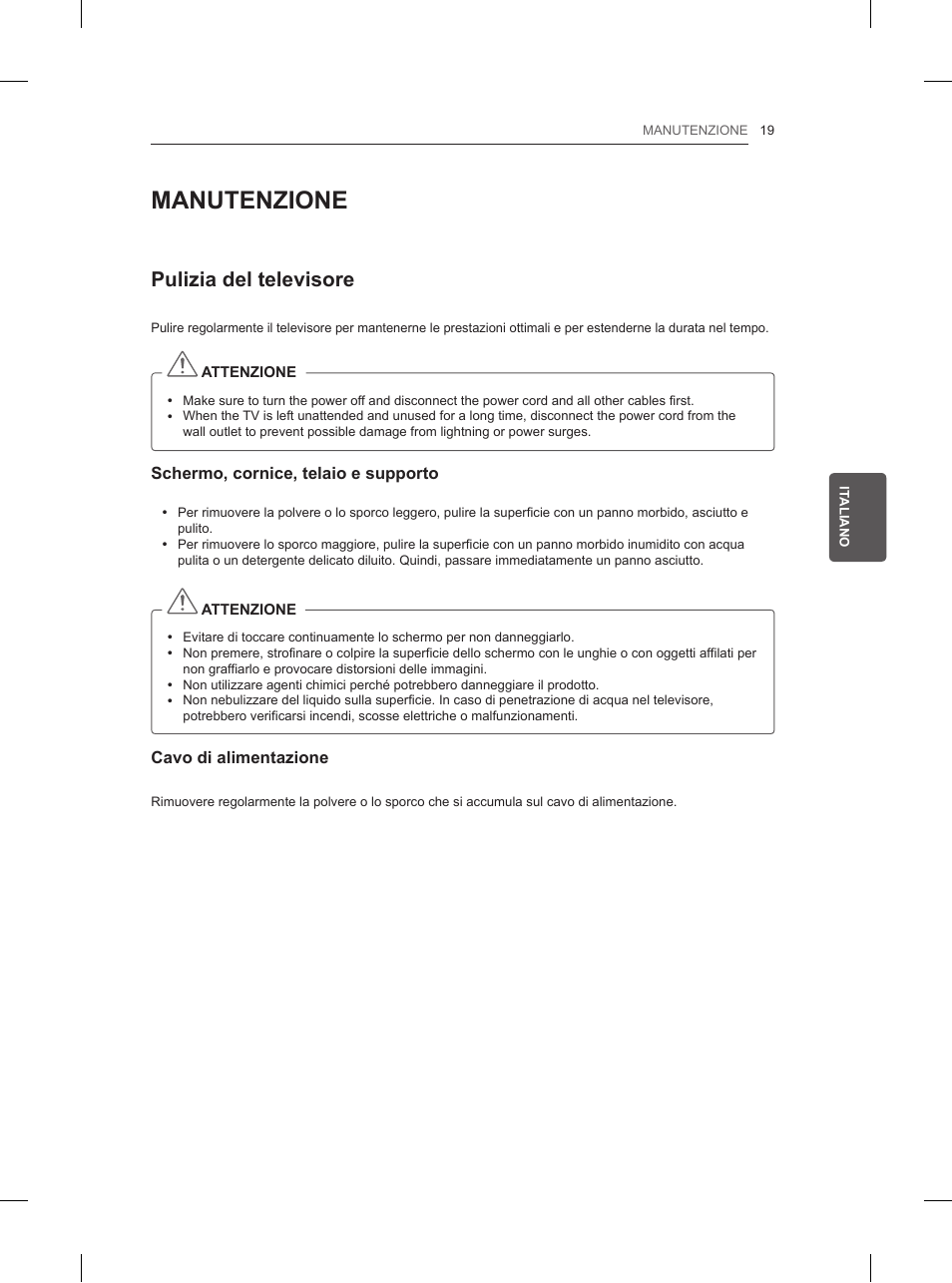 Manutenzione, Pulizia del televisore | LG 42LN5200 User Manual | Page 101 / 208